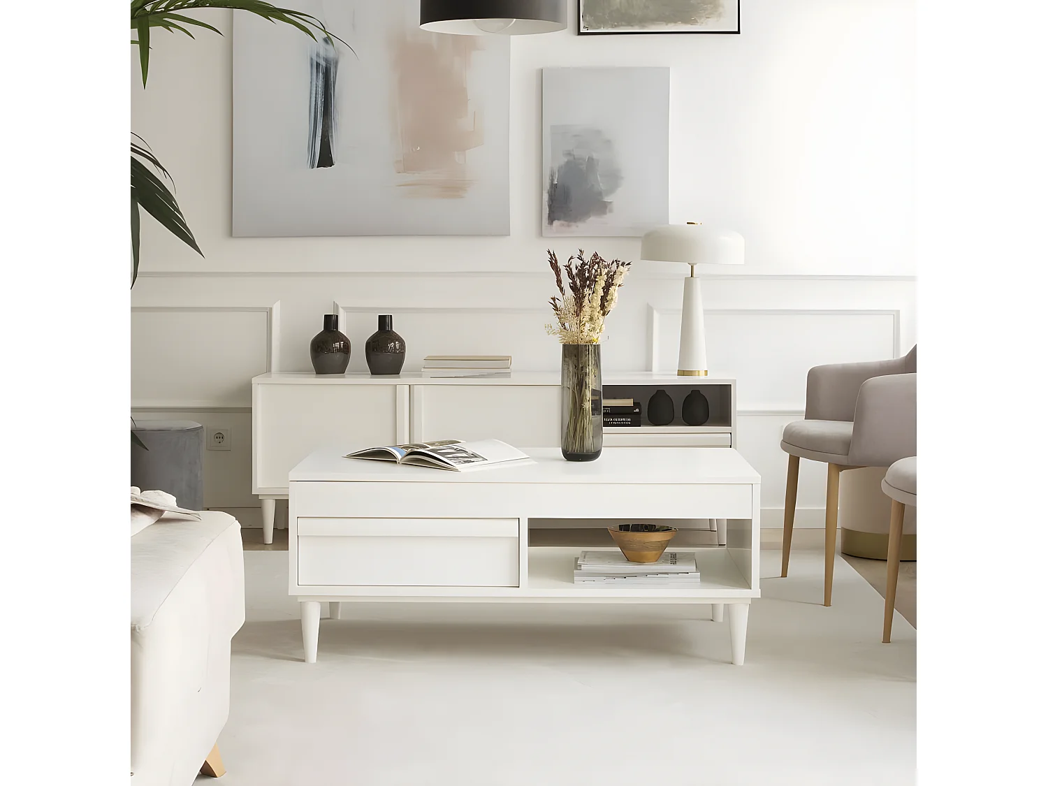 Table basse avec plateau relevable effet bois blanc 110x45