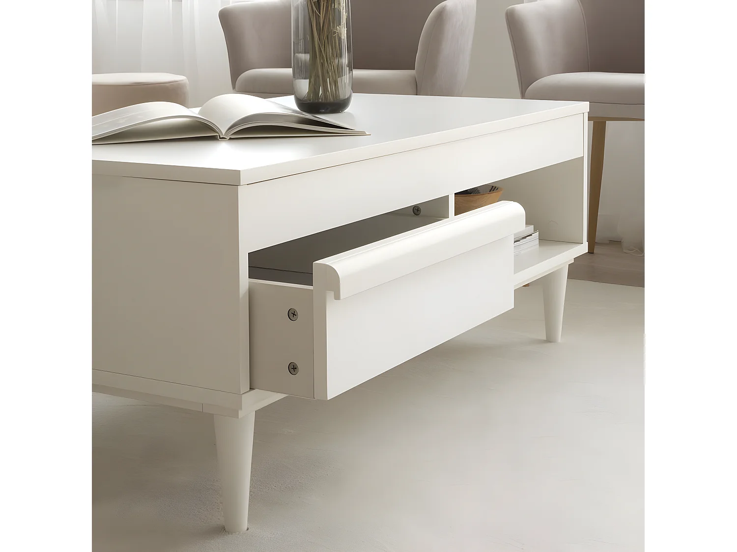 Table basse avec plateau relevable effet bois blanc 110x45