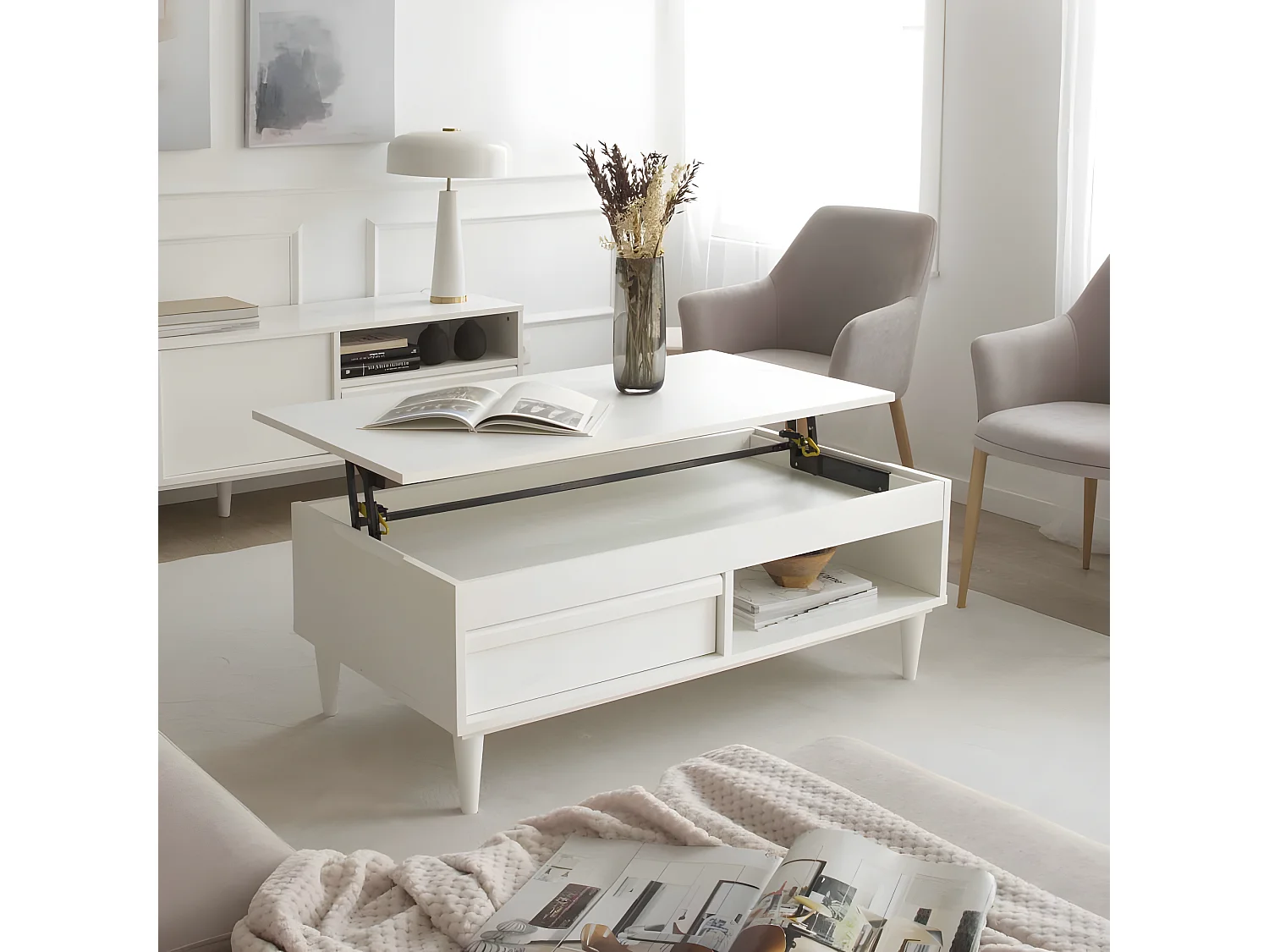 Table basse avec plateau relevable effet bois blanc 110x45