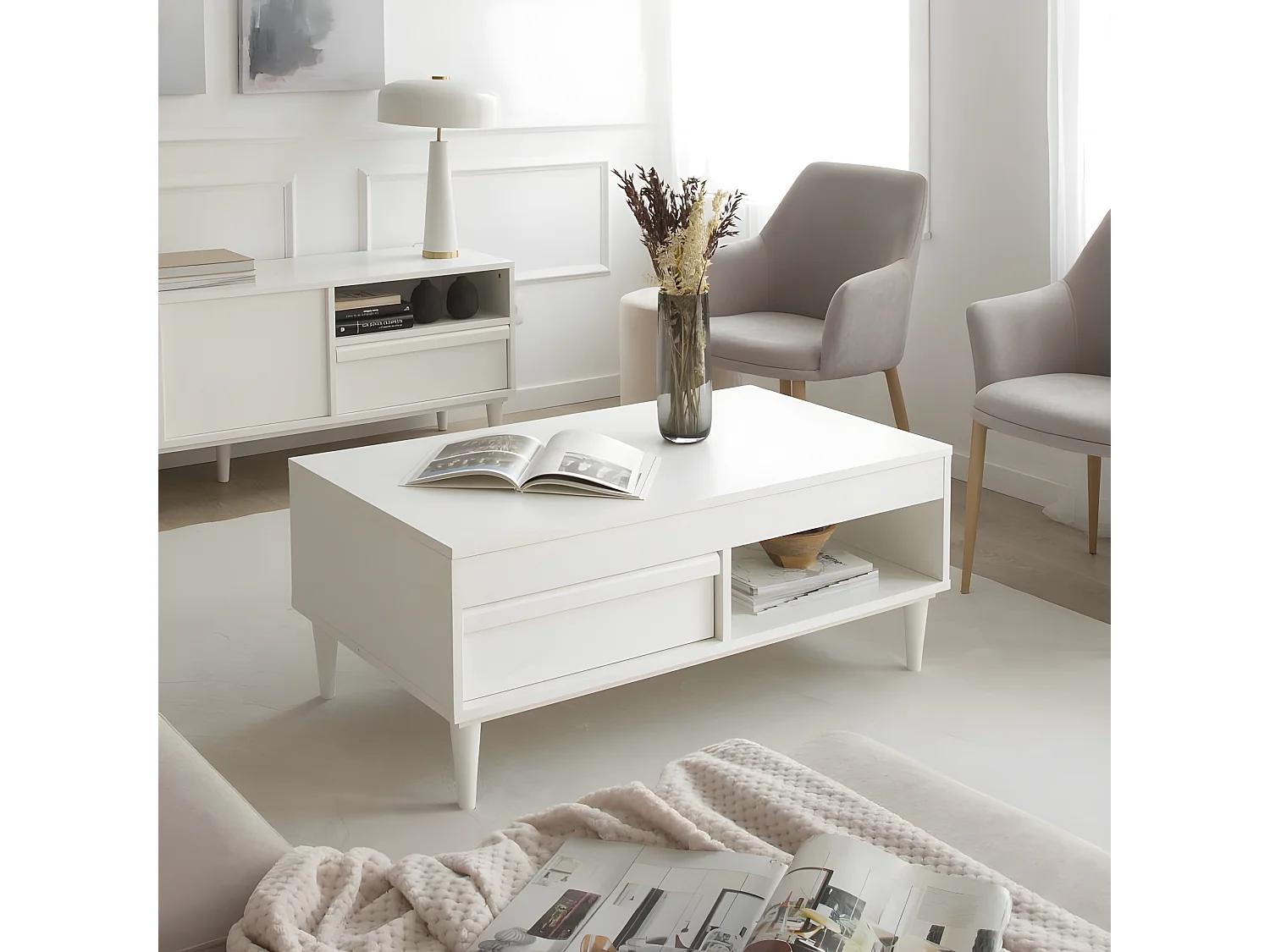 Table basse avec plateau relevable effet bois blanc 110x45