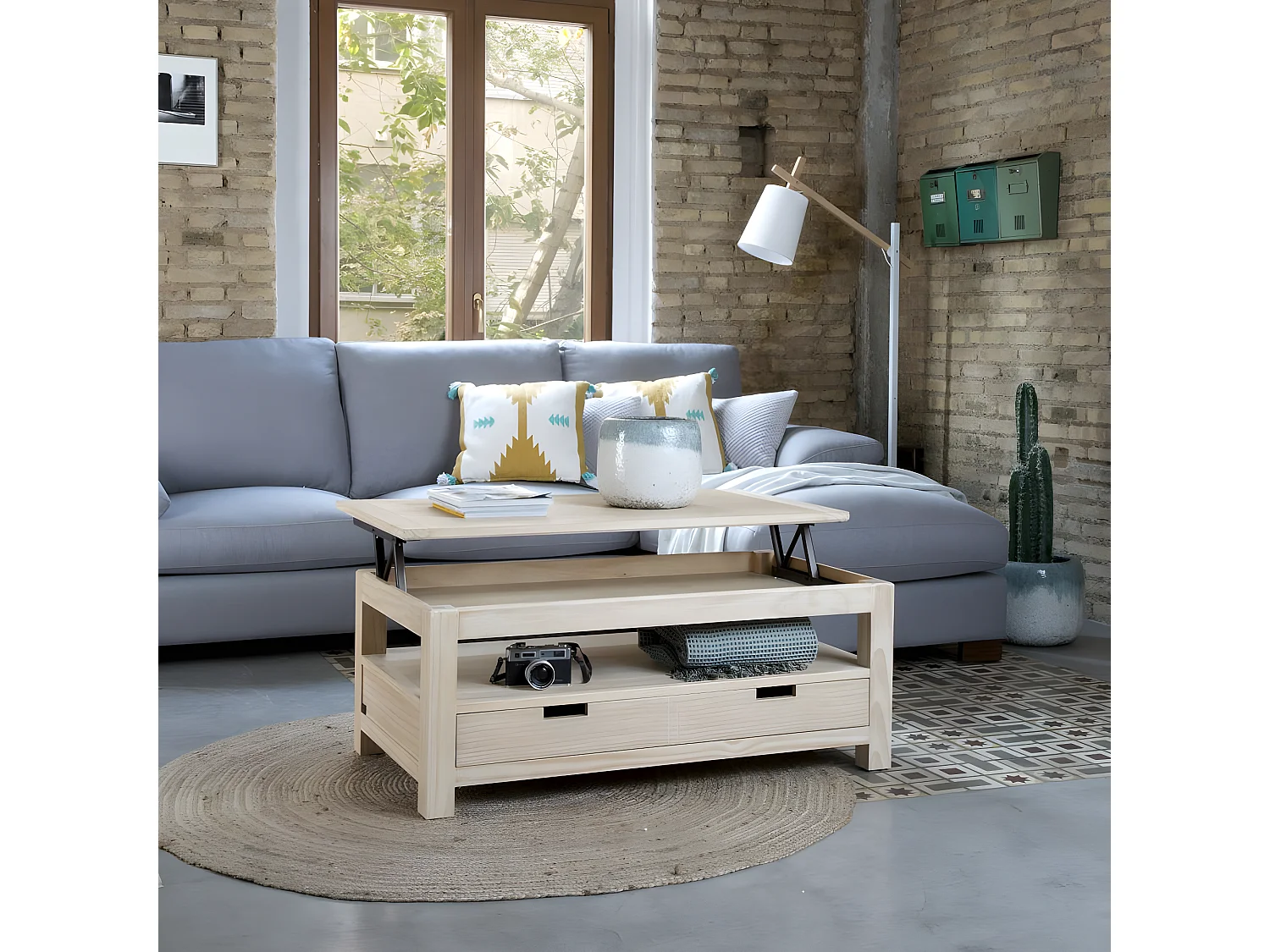 Table basse avec plateau relevable en bois massif naturel 110x45