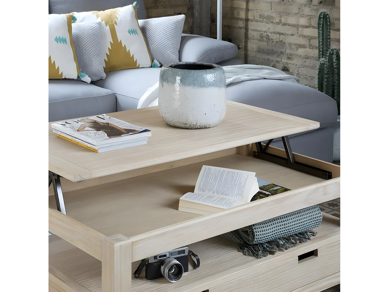 Table basse avec plateau relevable en bois massif naturel 110x45