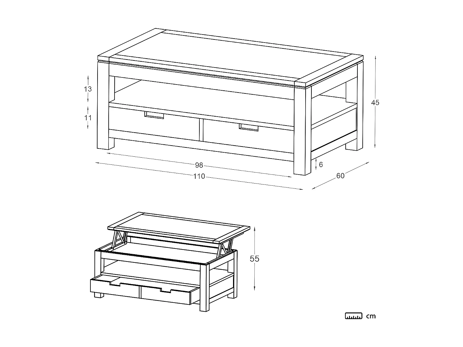 Tavolino da salotto con piano sollevabile legno massello, pannello in mdf e impiallacciatura  naturale 60x45