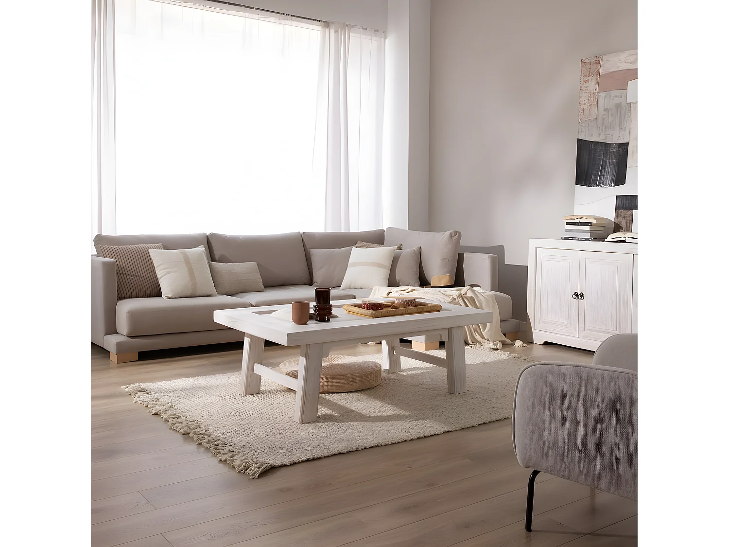 Table basse en bois massif blanc 130x45