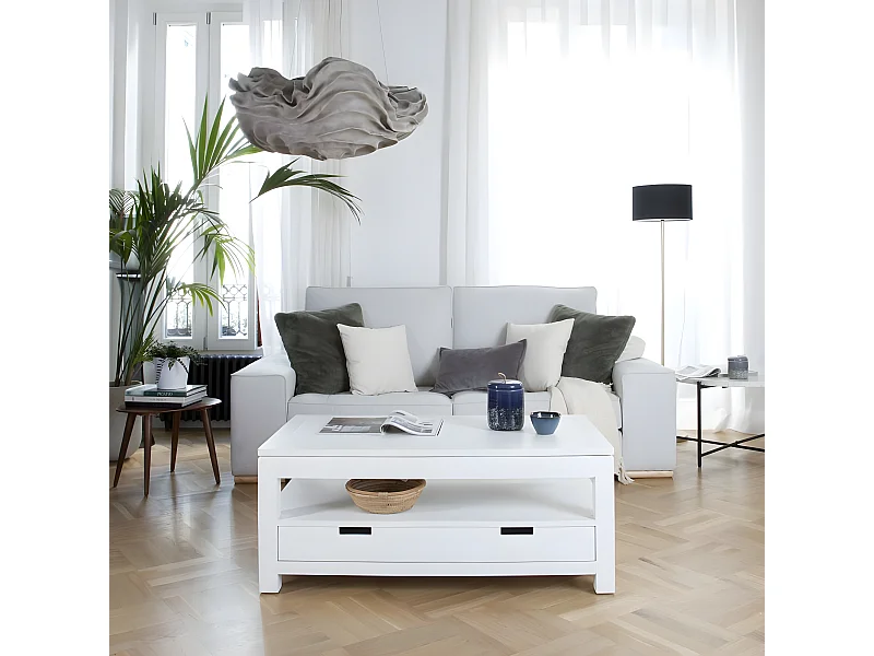 Tavolino da salotto con piano sollevabile legno massello e pannello in mdf bianco 60x45