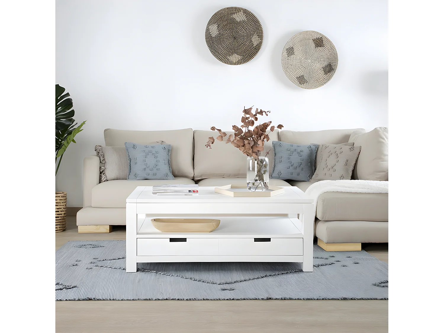 Tavolino da salotto con piano sollevabile legno massello e pannello in mdf bianco 60x45