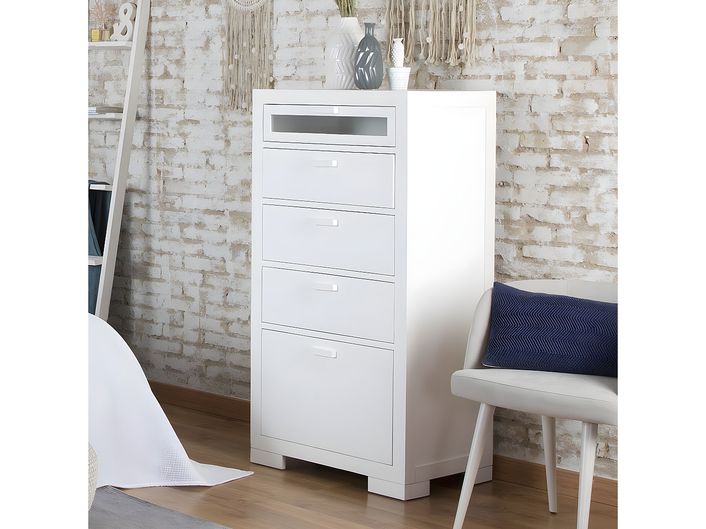 Ángel Cerdá Cassettiera Alta Design Moderno - MDF Laccato Bianco Lucido, 5 Cassetti Con Chiusura Ammortizzata, Gambe Acciaio Cromato - 60x45x120 Cm - 2