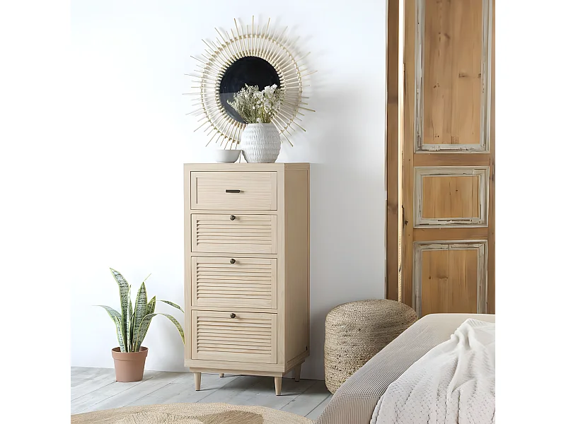 Cassettiera legno massello, pannello in mdf e impiallacciatura  naturale 43x119