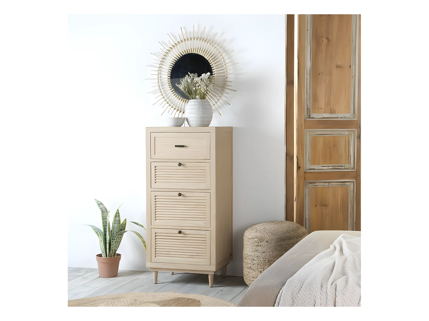 Cassettiera legno massello, pannello in mdf e impiallacciatura  naturale 43x119