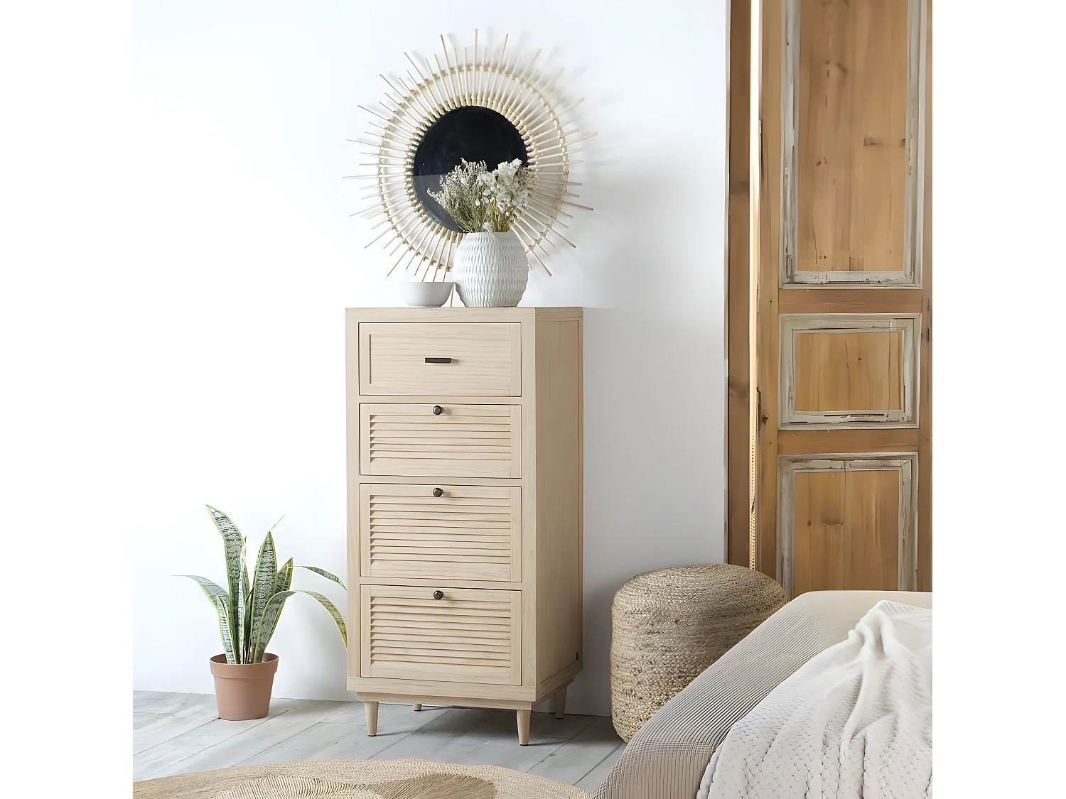 Cassettiera legno massello, pannello in mdf e impiallacciatura  naturale 43x119