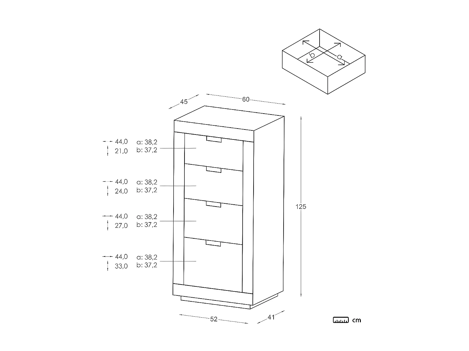 Cassettiera legno massello e pannello in mdf bianco 45x125
