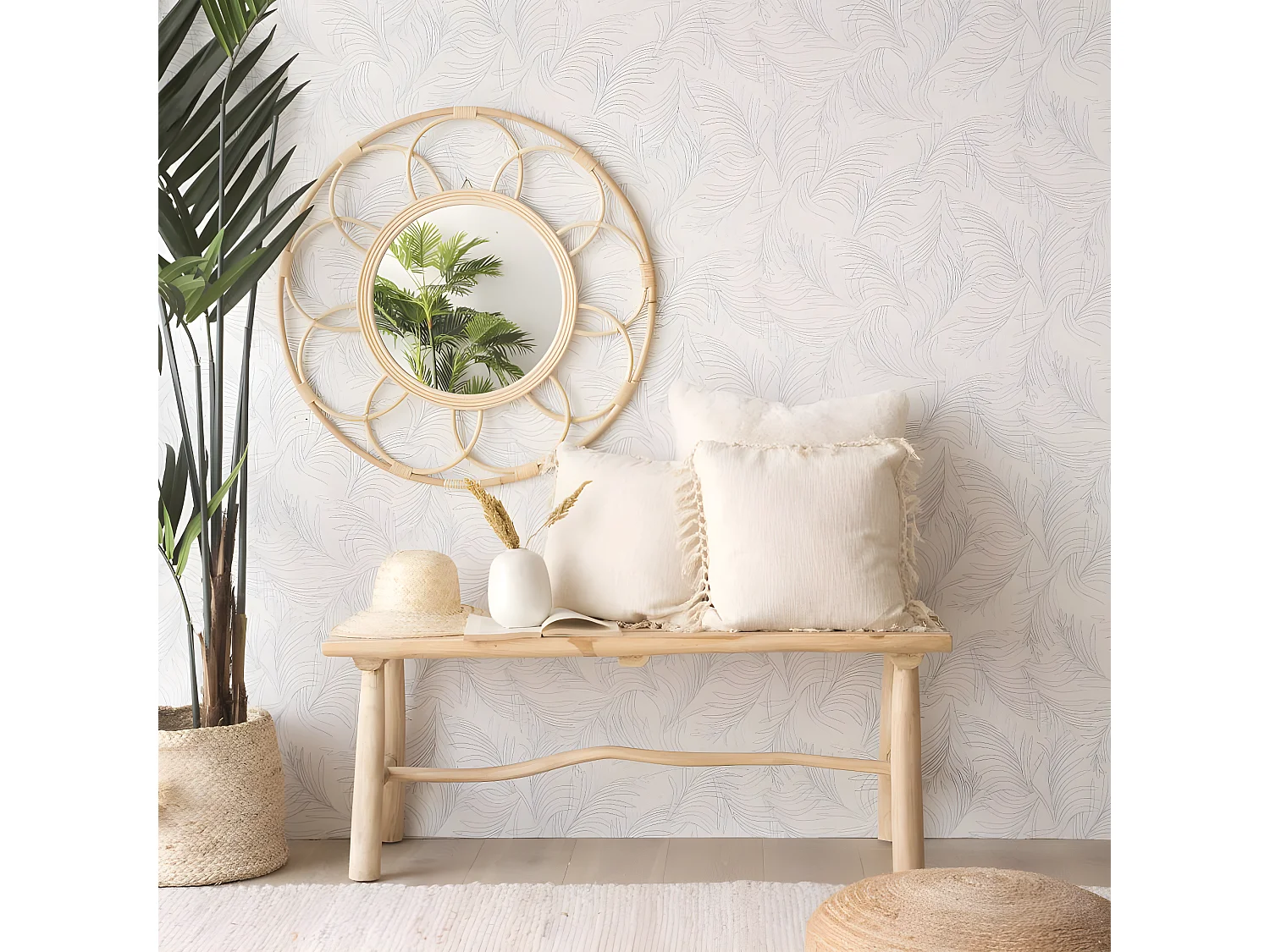 Ceira specchio da parete rotondo in giunco naturale