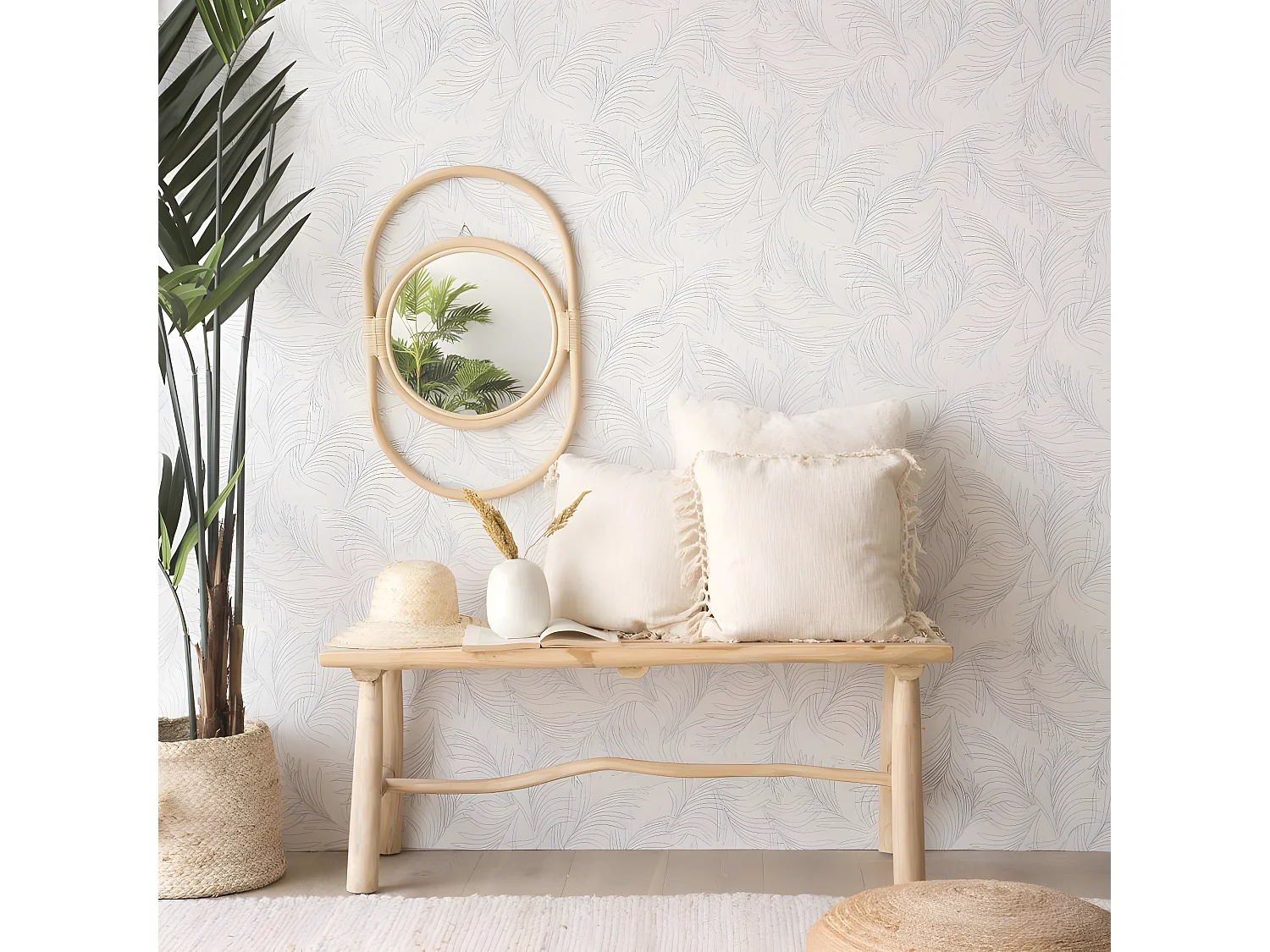 Dinha specchio da parete rotondo in rattan naturale