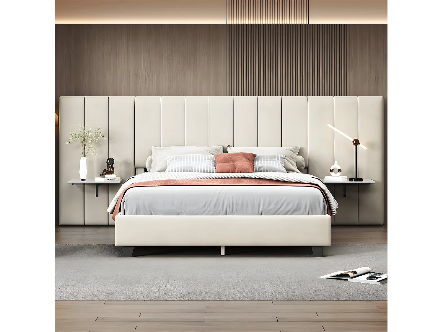 Lit adulte Lit double capitonné 160 x 200 cm Tête de lit allongée avec dossier tablettes de chaque côté de la tête de lit tissu velours beige