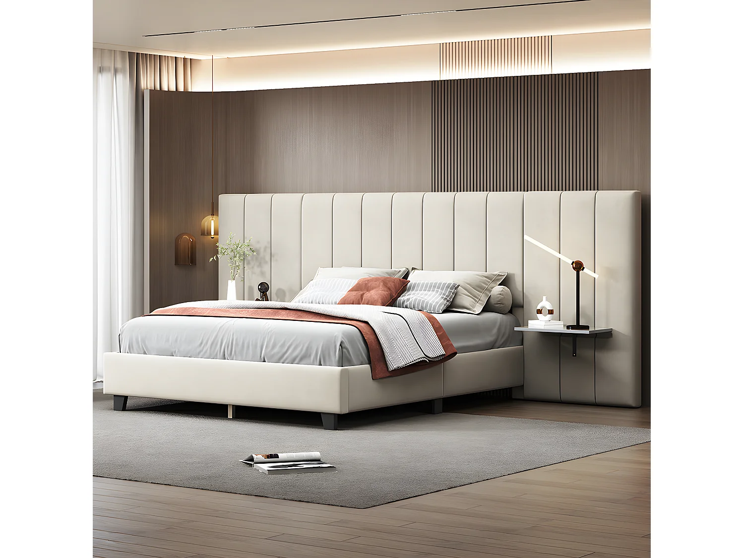 Lit adulte Lit double capitonné 160 x 200 cm Tête de lit allongée avec dossier tablettes de chaque côté de la tête de lit tissu velours beige