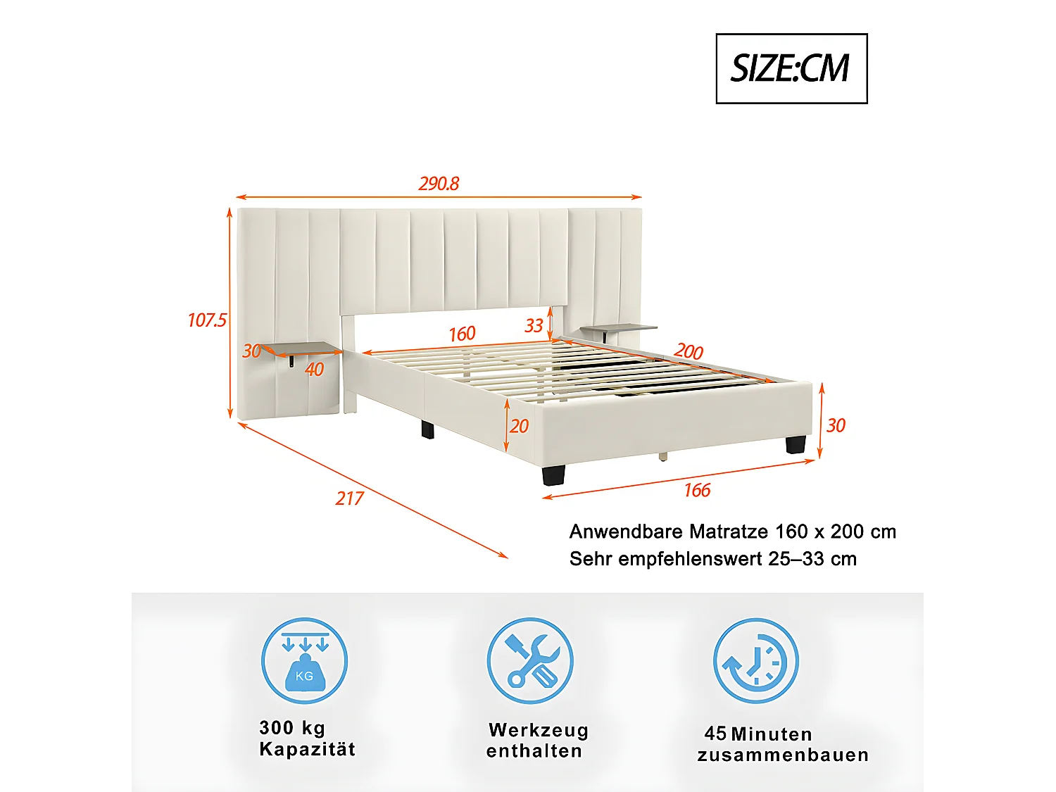 Lit adulte Lit double capitonné 160 x 200 cm Tête de lit allongée avec dossier tablettes de chaque côté de la tête de lit tissu velours beige