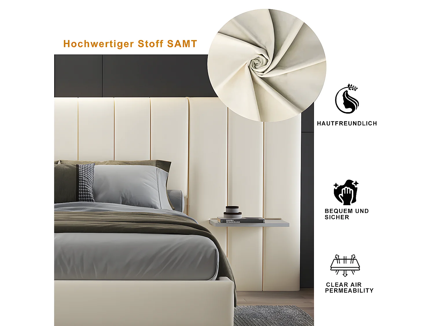 Lit adulte Lit double capitonné 160 x 200 cm Tête de lit allongée avec dossier tablettes de chaque côté de la tête de lit tissu velours beige