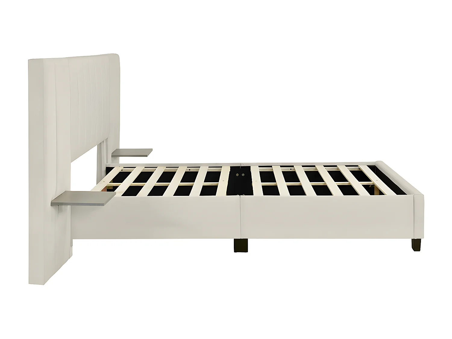 Lit adulte Lit double capitonné 160 x 200 cm Tête de lit allongée avec dossier tablettes de chaque côté de la tête de lit tissu velours beige