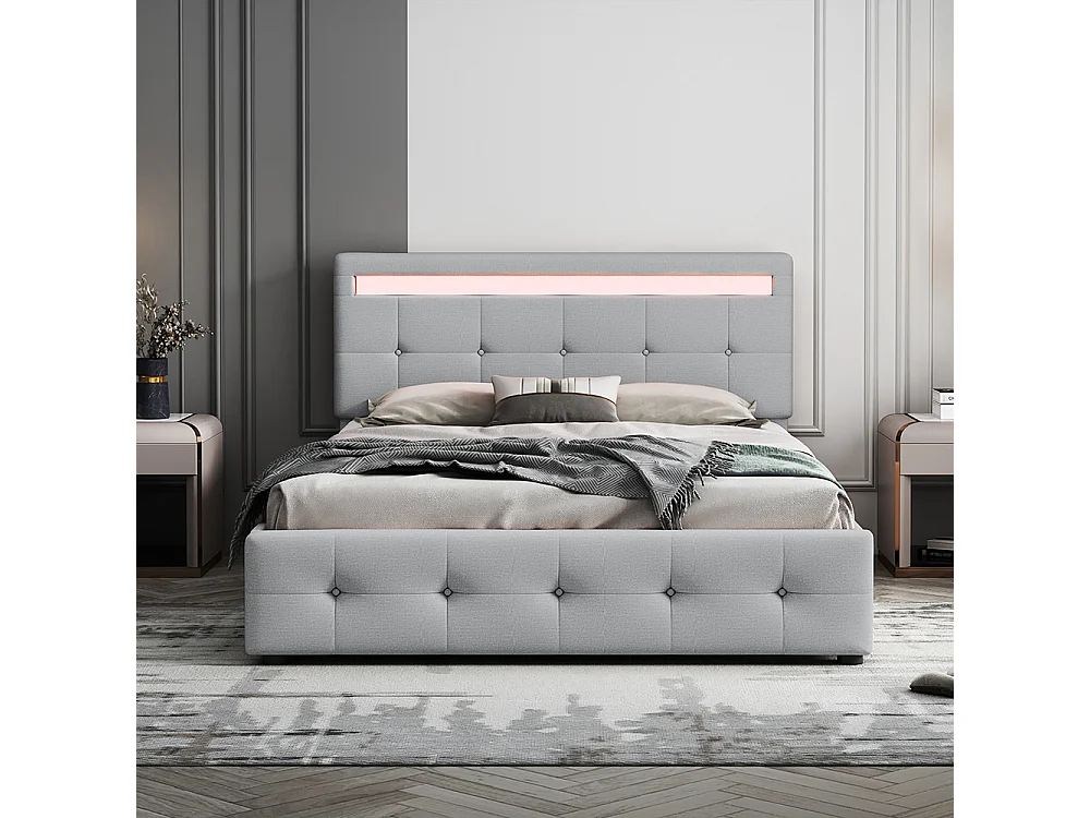 Lit avec tiroirs Lit 140x200 cm avec LED lit simple avec tête de lit  4 tiroirs surface en lin Lit d'adolescent Lit d'invité gris