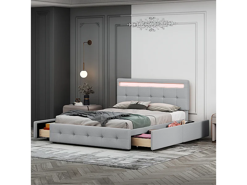 Lit avec tiroirs Lit 140x200 cm avec LED lit simple avec tête de lit  4 tiroirs surface en lin Lit d'adolescent Lit d'invité gris
