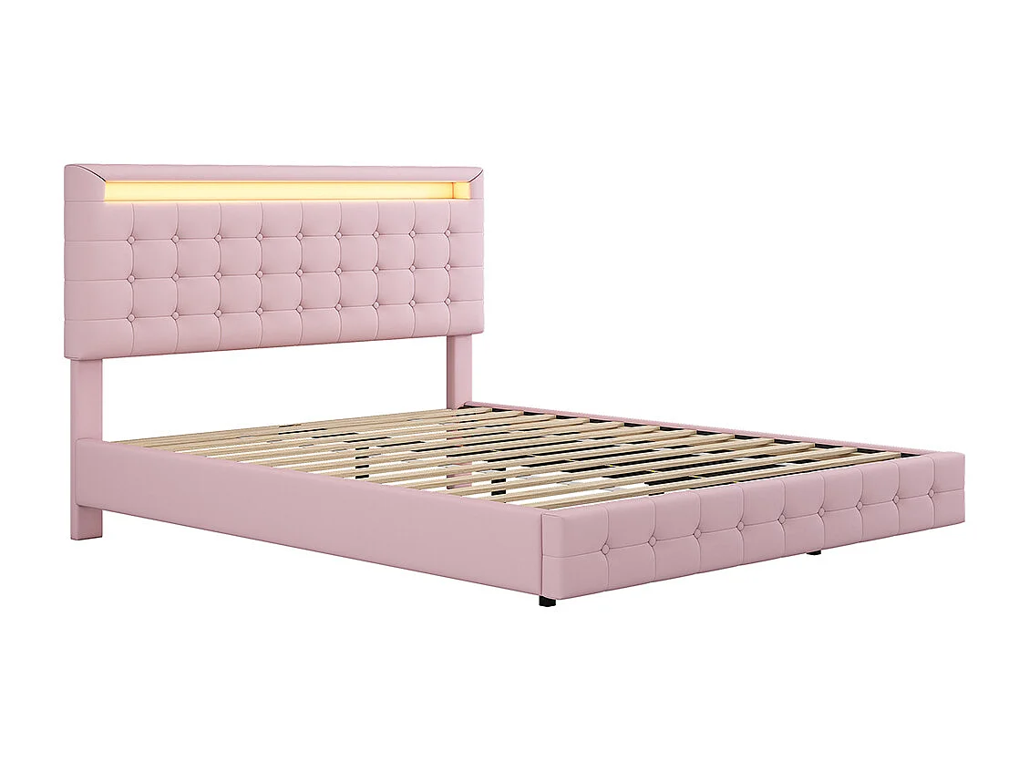Lit adulte Lit 140x200 cm lumière d'ambiance LED suspension matériau PU tête de lit réglage de la hauteur Rose
