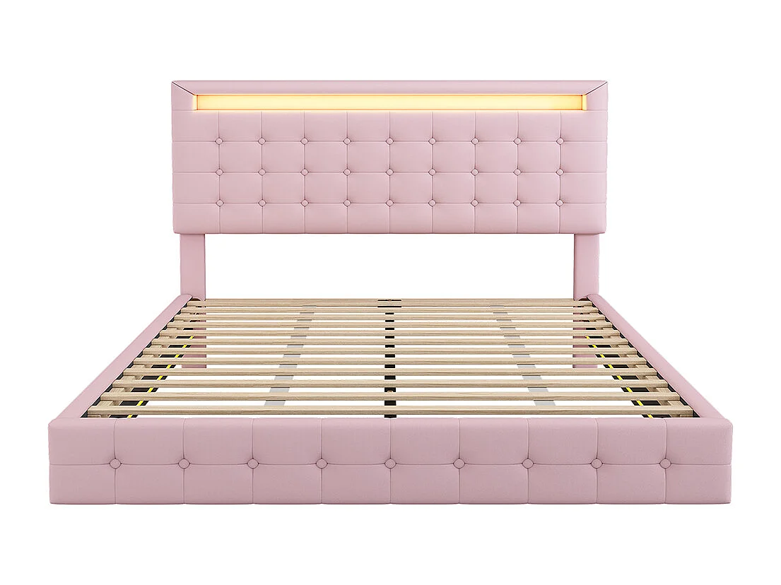 Lit adulte Lit 140x200 cm lumière d'ambiance LED suspension matériau PU tête de lit réglage de la hauteur Rose