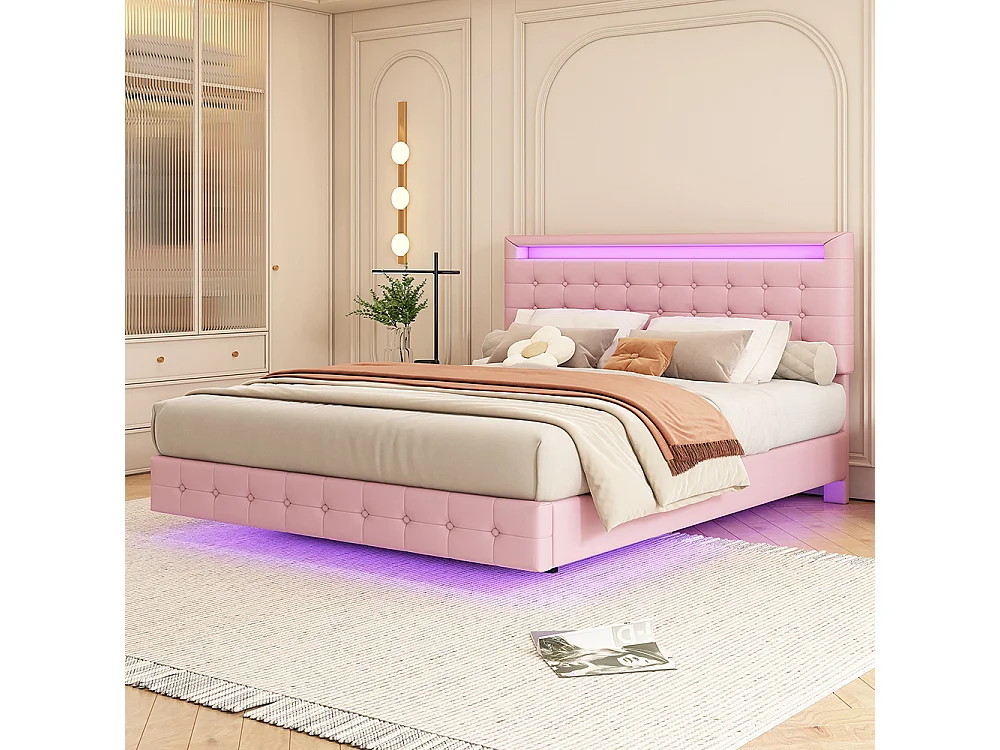 Lit adulte Lit 140x200 cm lumière d'ambiance LED suspension matériau PU tête de lit réglage de la hauteur Rose