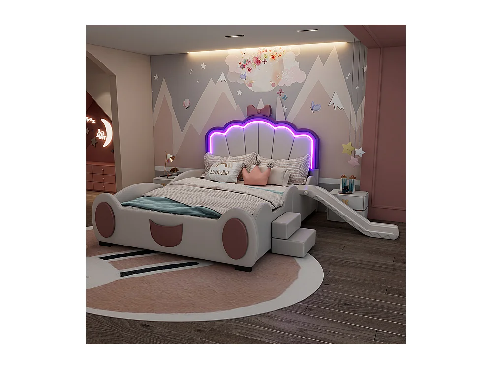 Lit jeune Lit 90x200 cm lit d'enfant lit papillon lumière LED changeant de couleur télécommande équipé d'un toboggan matériau PU