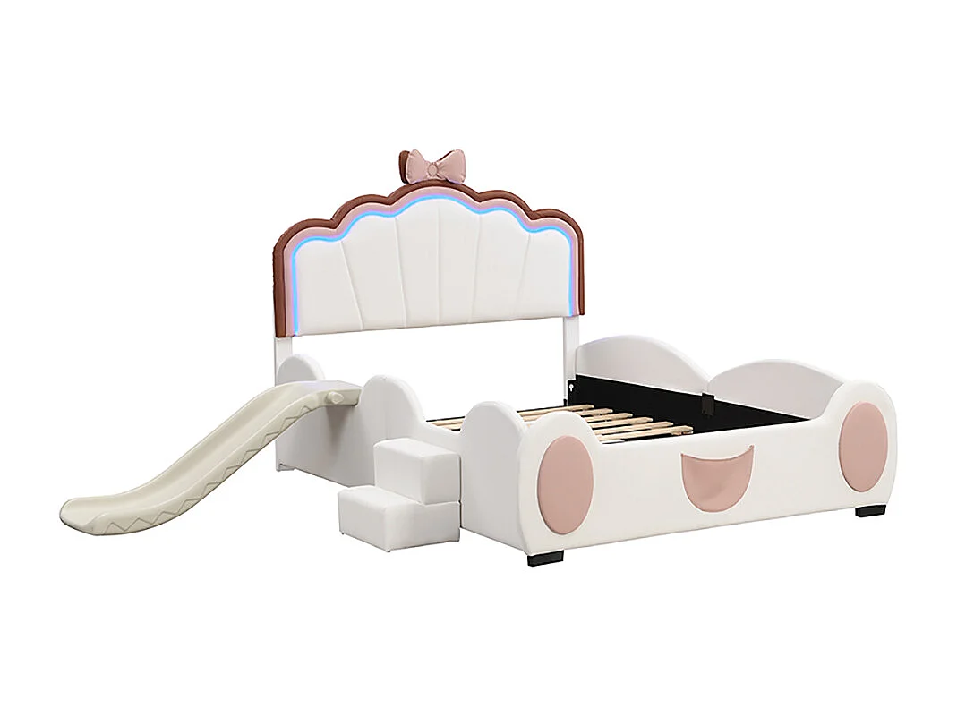 Lit jeune Lit 90x200 cm lit d'enfant lit papillon lumière LED changeant de couleur télécommande équipé d'un toboggan matériau PU