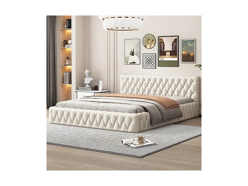 Lit adulte Lit double Lit capitonné 140 x 200 cm en velours doux pour la peau couleur blanc