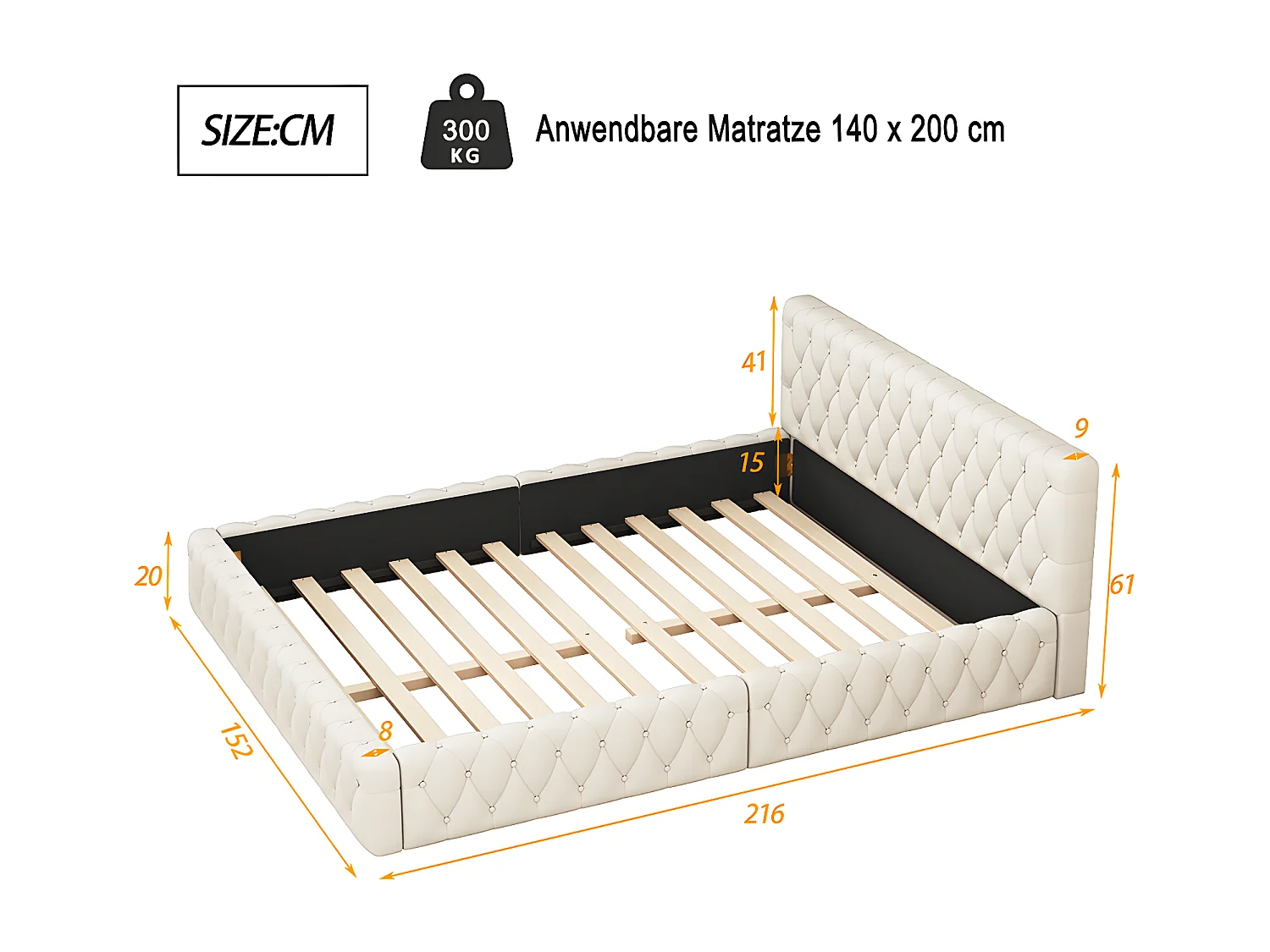 Lit adulte Lit double Lit capitonné 140 x 200 cm en velours doux pour la peau couleur blanc