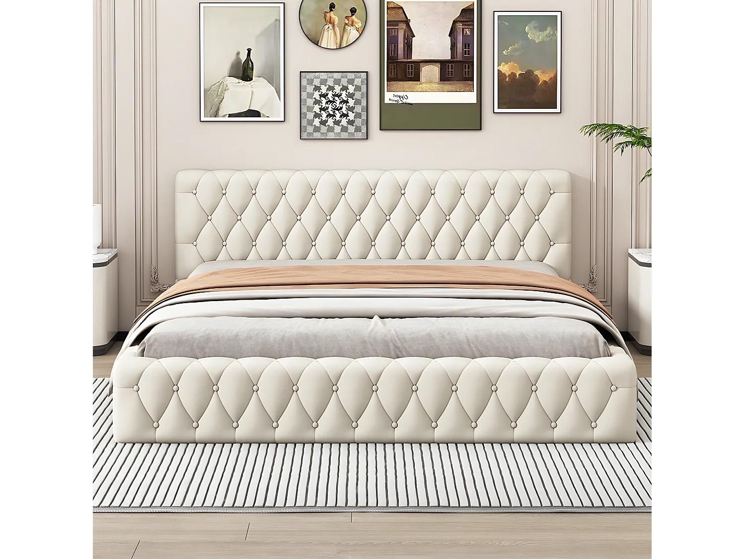 Lit adulte Lit double Lit capitonné 140 x 200 cm en velours doux pour la peau couleur blanc