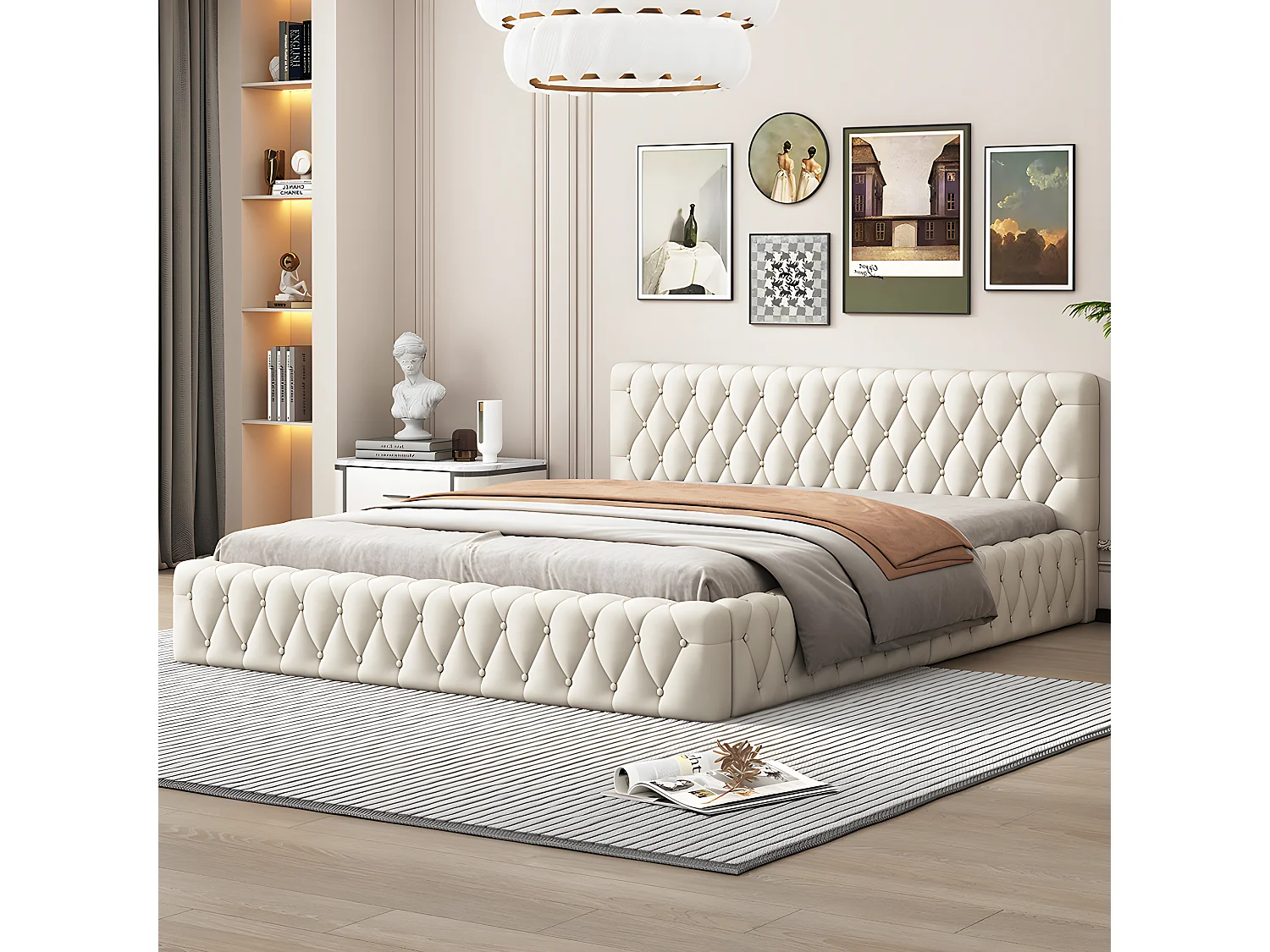 Lit adulte Lit double Lit capitonné 140 x 200 cm en velours doux pour la peau couleur blanc