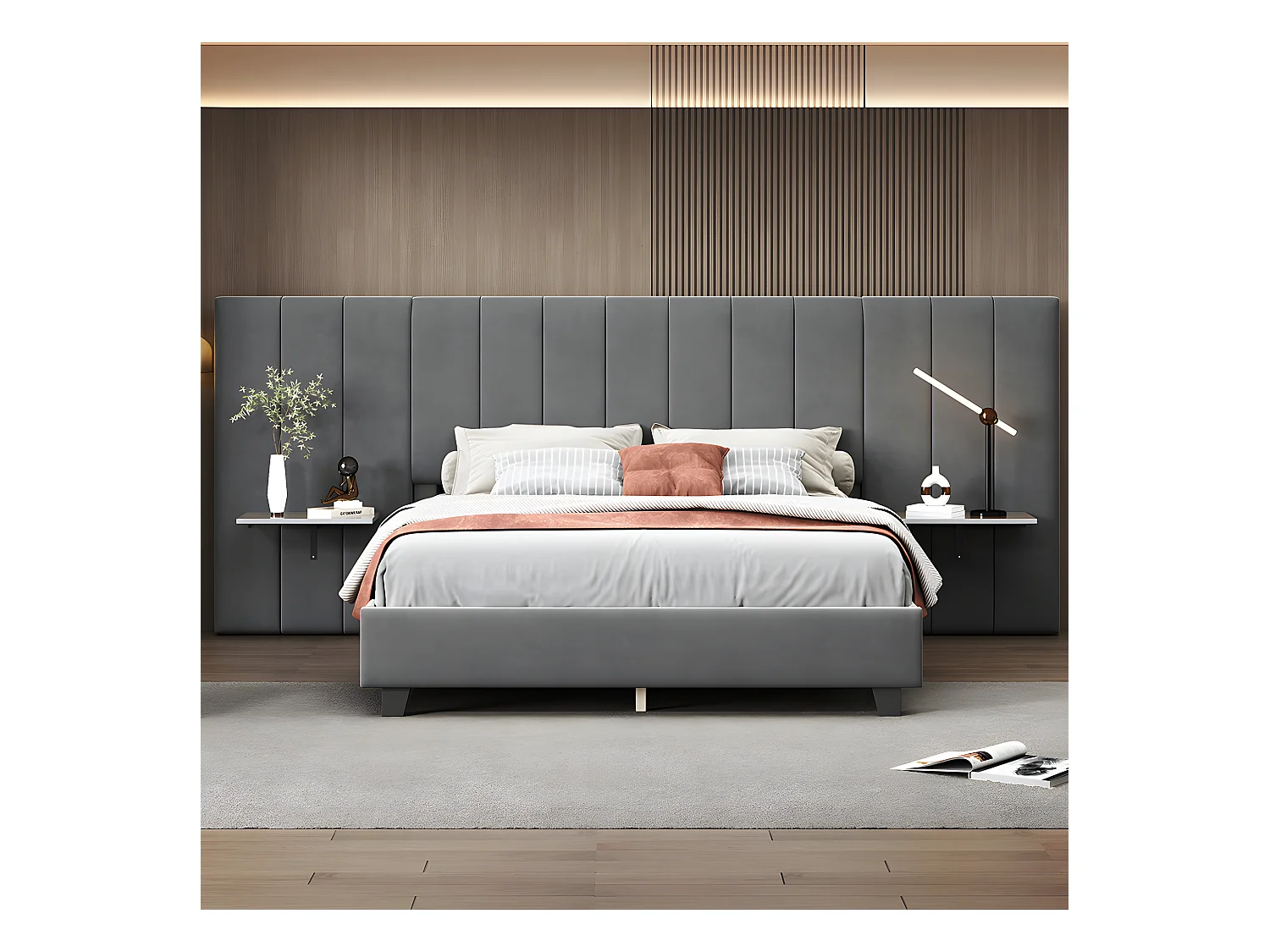 Lit adulte Lit double capitonné 160 x 200 cm Tête de lit allongée avec dossier tablettes de chaque côté de la tête de lit tissu velours gris