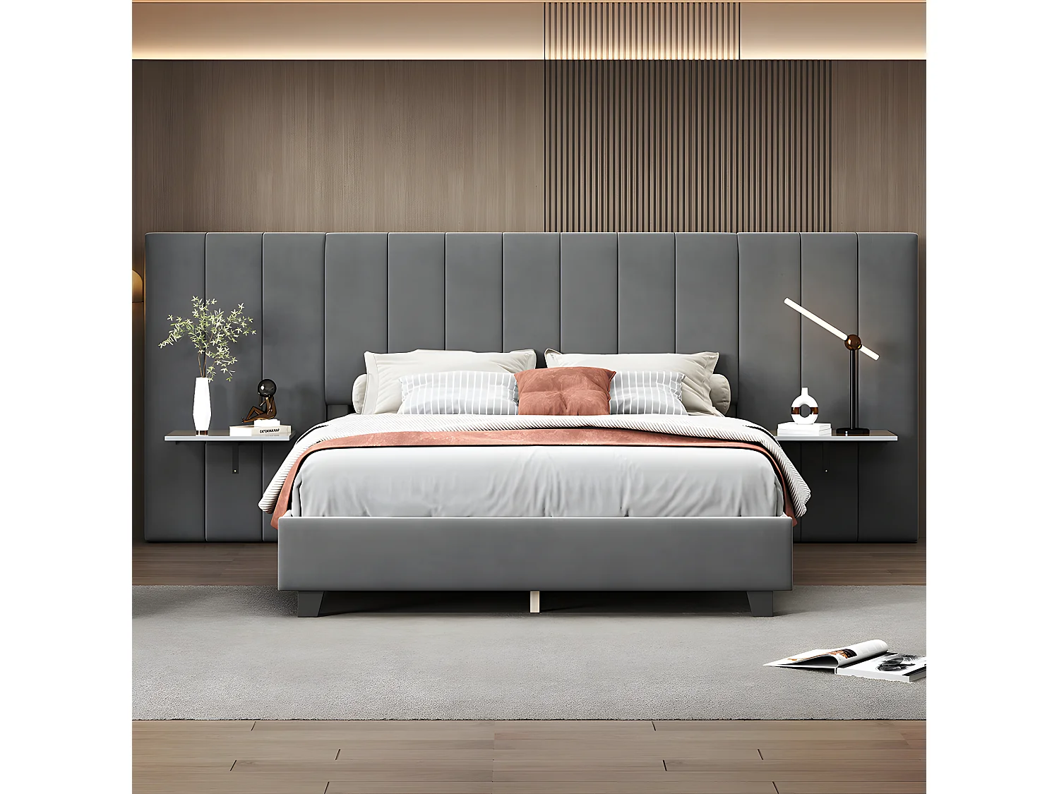 Lit adulte Lit double capitonné 160 x 200 cm Tête de lit allongée avec dossier tablettes de chaque côté de la tête de lit tissu velours gris