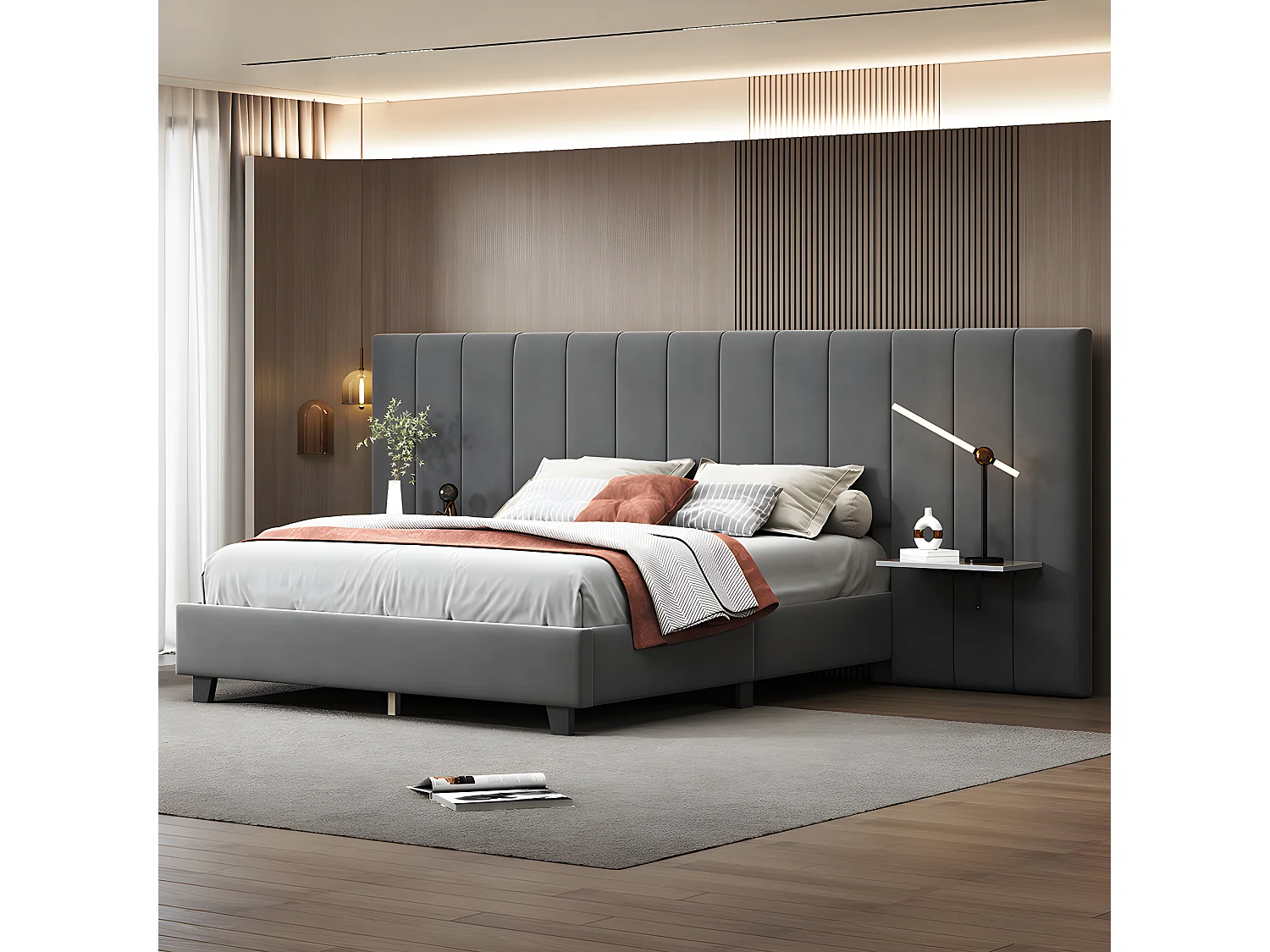 Lit adulte Lit double capitonné 160 x 200 cm Tête de lit allongée avec dossier tablettes de chaque côté de la tête de lit tissu velours gris