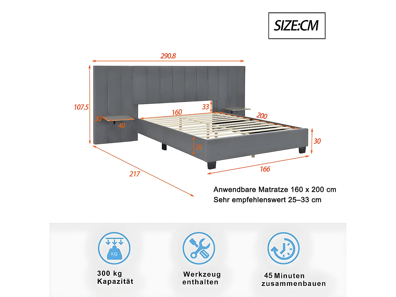 Lit adulte Lit double capitonné 160 x 200 cm Tête de lit allongée avec dossier tablettes de chaque côté de la tête de lit tissu velours gris