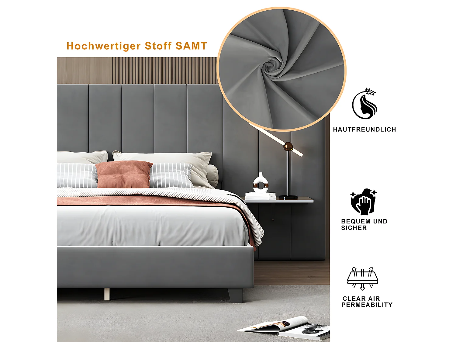 Lit adulte Lit double capitonné 160 x 200 cm Tête de lit allongée avec dossier tablettes de chaque côté de la tête de lit tissu velours gris