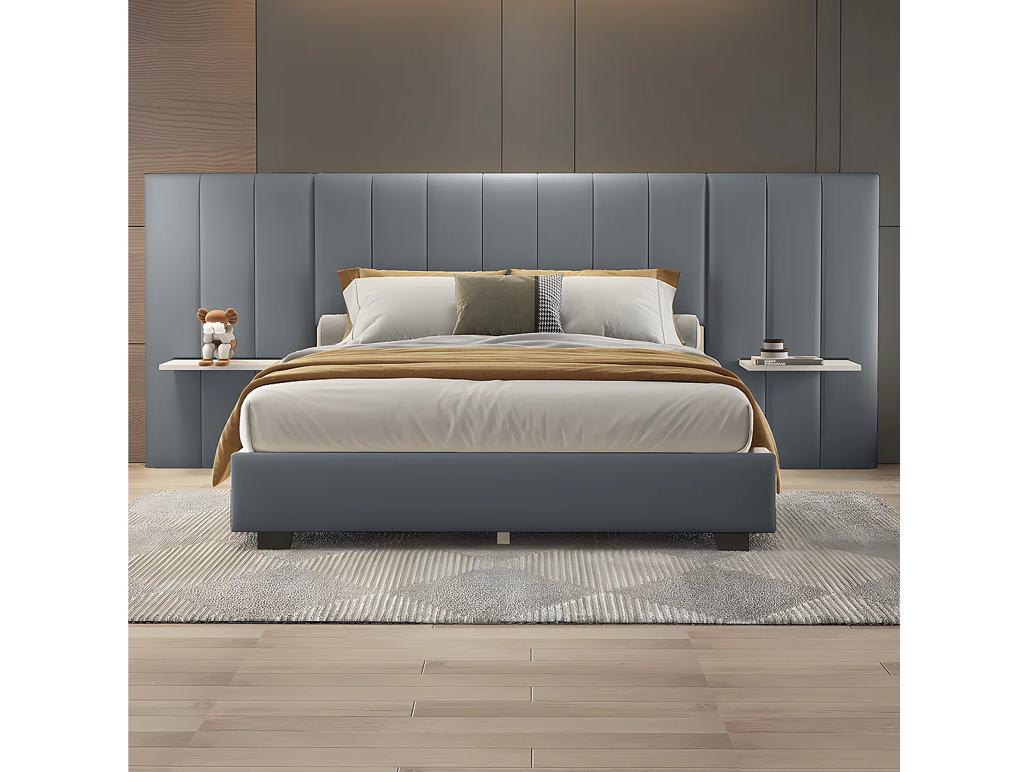 Lit adulte Lit double capitonné 160 x 200 cm Tête de lit allongée avec dossier tablettes de chaque côté de la tête de lit tissu velours gris