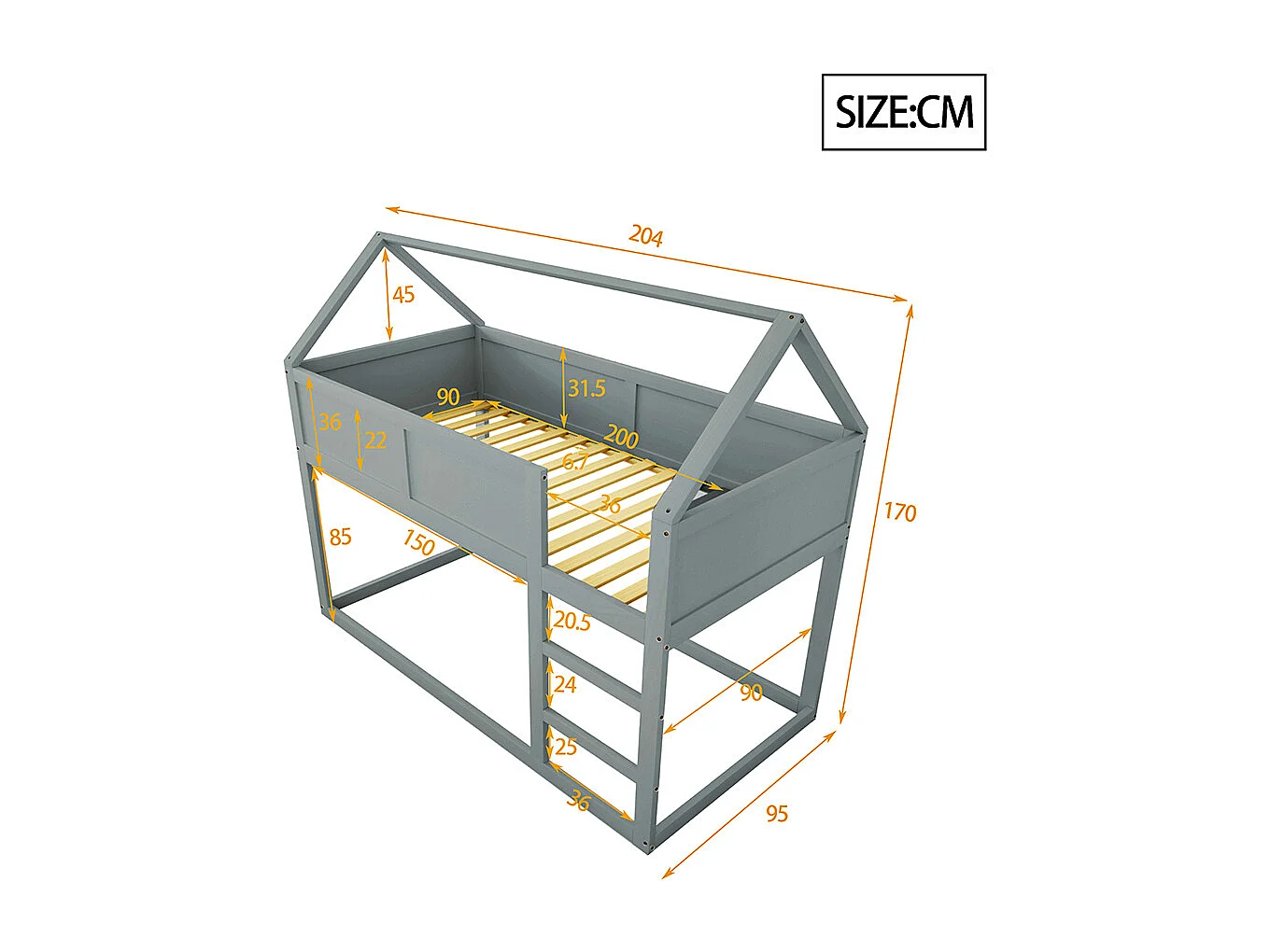 Lit cabane Lit superposé 90x200 cm lit simple Lit d'enfant avec escalier cadre en bois massif gris