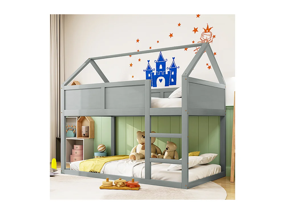 Lit cabane Lit superposé 90x200 cm lit simple Lit d'enfant avec escalier cadre en bois massif gris