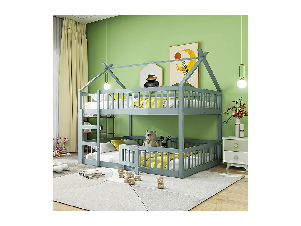 Lit cabane Lit superposé avec escalier 140x200 cm Lit familial  pour enfants Lit Loft Design en bois massif Gris