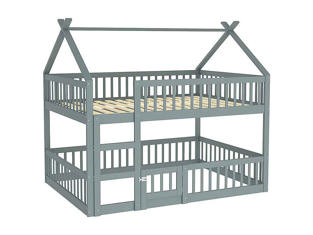 Lit cabane Lit superposé avec escalier 140x200 cm Lit familial  pour enfants Lit Loft Design en bois massif Gris