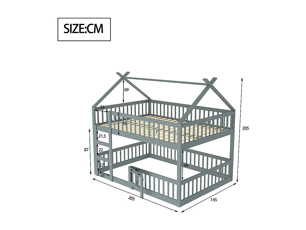 Lit cabane Lit superposé avec escalier 140x200 cm Lit familial  pour enfants Lit Loft Design en bois massif Gris