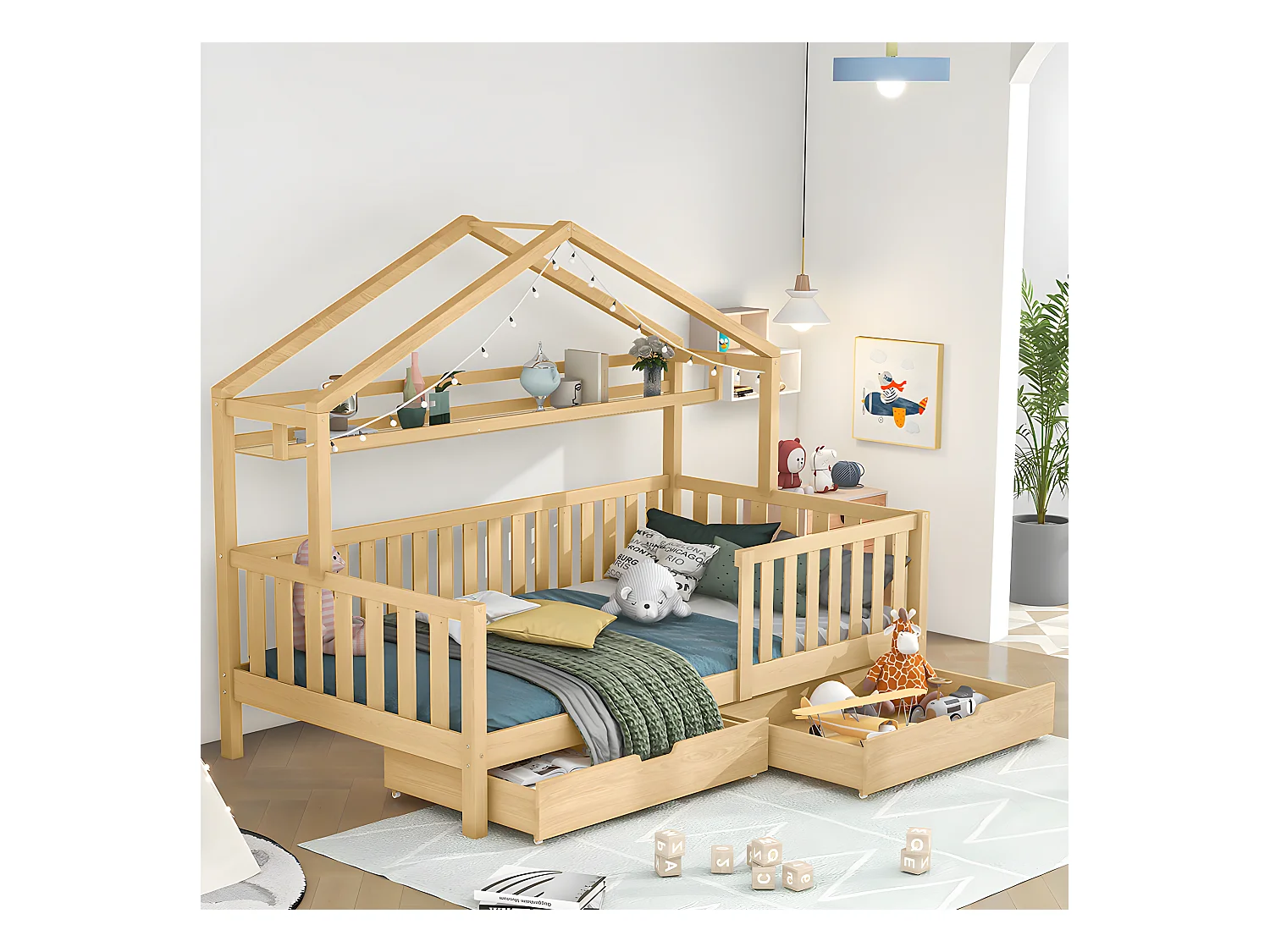 Lit cabane 90x200 cm Lit d'enfant avec tiroirs avec sommier à lattes bois de pin Lit de maison Naturel