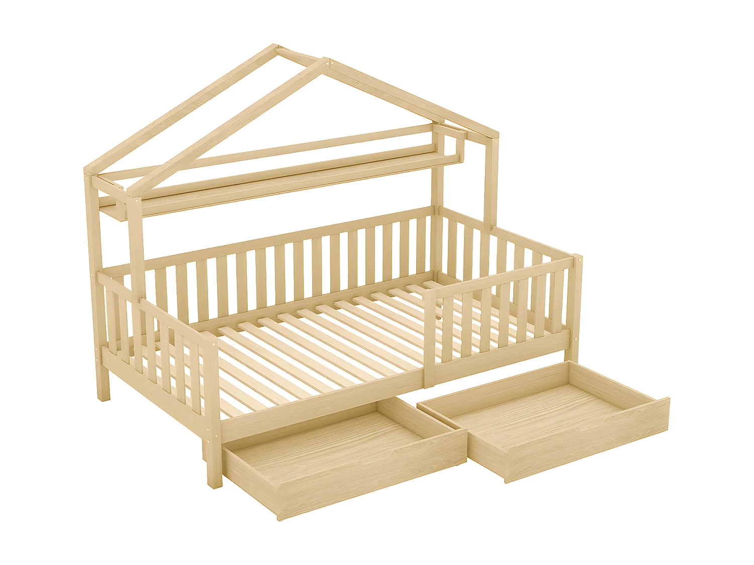 Lit cabane 90x200 cm Lit d'enfant avec tiroirs avec sommier à lattes bois de pin Lit de maison Naturel