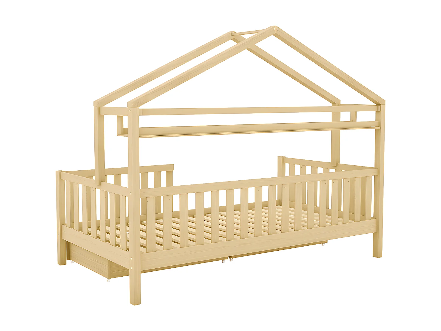 Lit cabane 90x200 cm Lit d'enfant avec tiroirs avec sommier à lattes bois de pin Lit de maison Naturel