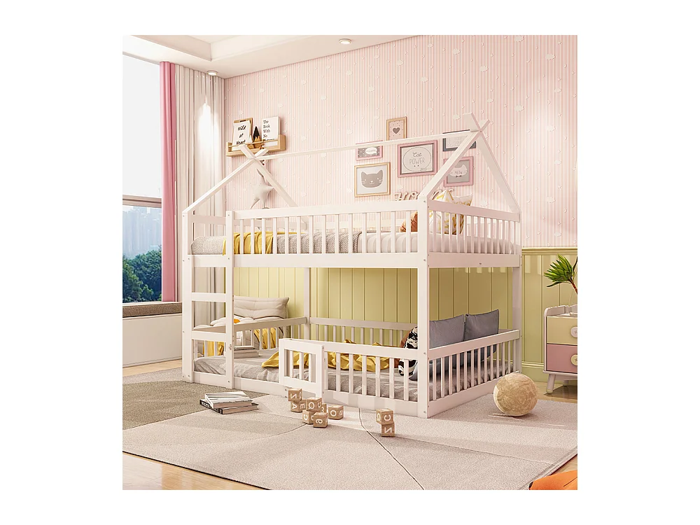 Lit cabane Lit superposé avec escalier 140x200 cm Lit familial  pour enfants Lit Loft Design en bois massif Blanc