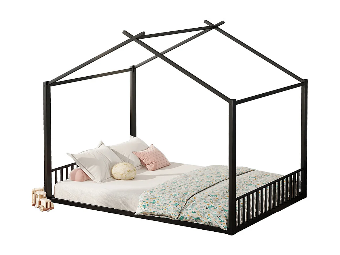 Lit cabane Lit 140x200 cm Lit plat Lit à cadre en fer Lit d'enfant Barre de maison Noir