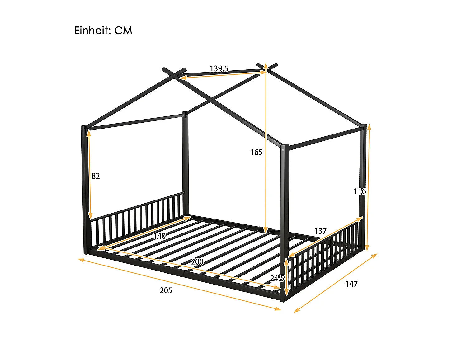 Lit cabane Lit 140x200 cm Lit plat Lit à cadre en fer Lit d'enfant Barre de maison Noir
